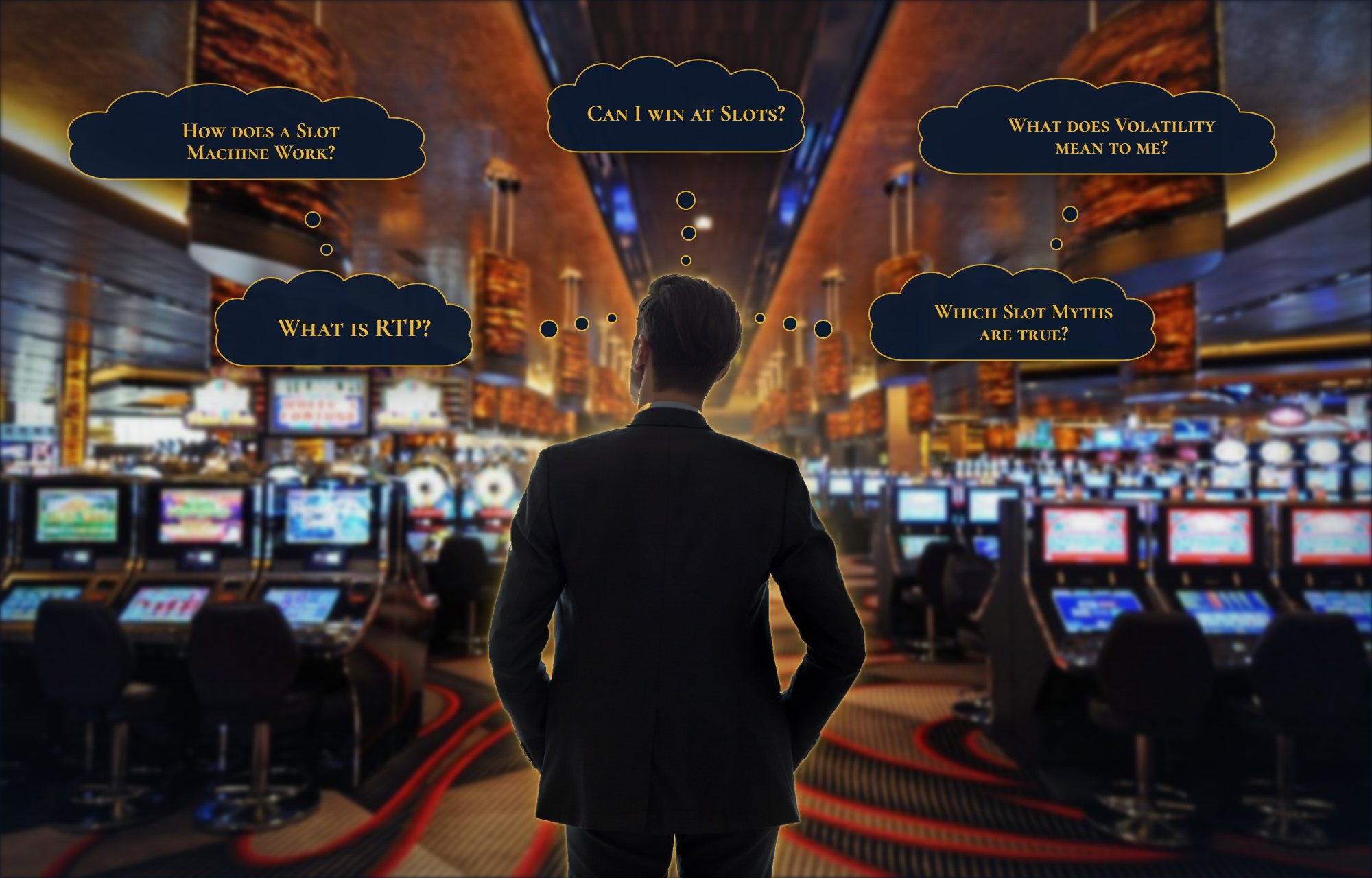 A player, seen from behind, pauses in a casino aisle between rows of slot machines while five thought clouds overhead ask how a slot machine works, whether you can win at slots, what volatility means, what RTP is, and which slot myths are true